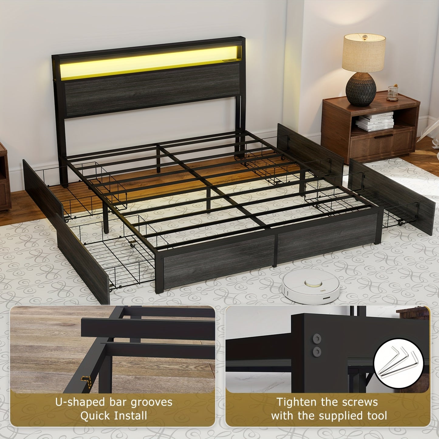 Bed Frame Available in Full, Queen, And King Sizes Featuring LED Lights And a Charging Station. This Metal Platform Bed Includes a Two-Tier Wooden Storage Headboard And Four Storage Drawers. It Operates Quietly, Does Not Requ