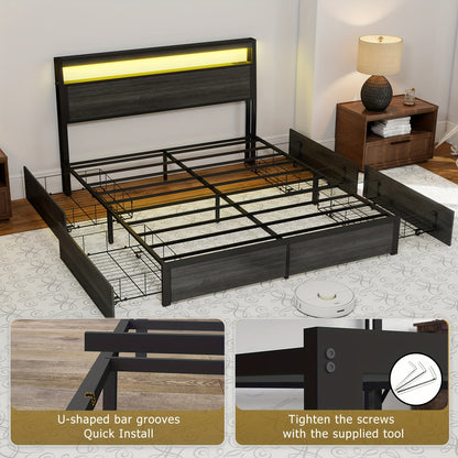 Bed Frame Available in Full, Queen, And King Sizes Featuring LED Lights And a Charging Station. This Metal Platform Bed Includes a Two-Tier Wooden Storage Headboard And Four Storage Drawers. It Operates Quietly, Does Not Requ