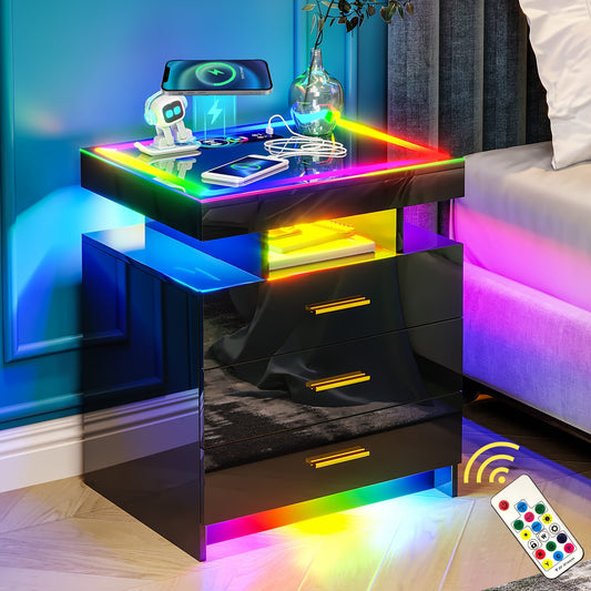 Lvifur High Gloss Nightstand With Wireless Charging Station, Smart Night Stand With RGB Dynamic Lighting, Modern Bed Side Table With Drawers Sliding Tray, Glass Tabletop