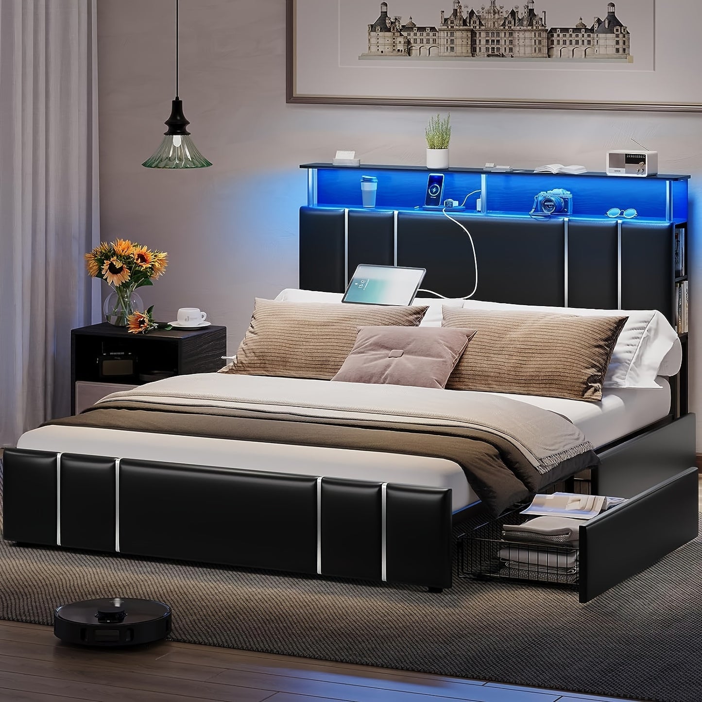 Full LED Bed Frame with Power Outlets and 4 Drawers, Upholstered Platform Bed with Open Shelves and Hidden Storage, Black