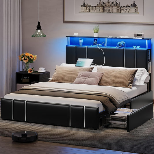 Full LED Bed Frame with Power Outlets and 4 Drawers, Upholstered Platform Bed with Open Shelves and Hidden Storage, Black