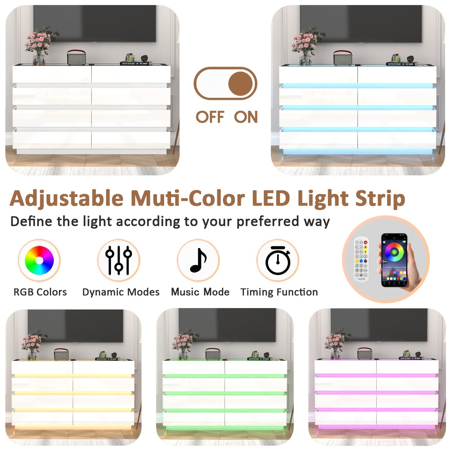 Modern 8-Drawer Dresser with Glass Top, High Gloss White Chest of Drawers, RGB LED Illumination, Wood-Based Panel & Hardwood Jewelry Display, with Closed Storage <3.2 Cubic Feet, for Bedroom, Living Room - US Plug, 110-130V