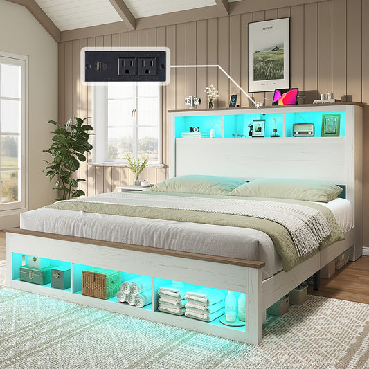 Platform Bed in Farmhouse Style Featuring a Storage Headboard And Footboard, Integrated LED Lighting, And a Charging Station - Does Not Need a Box Spring.