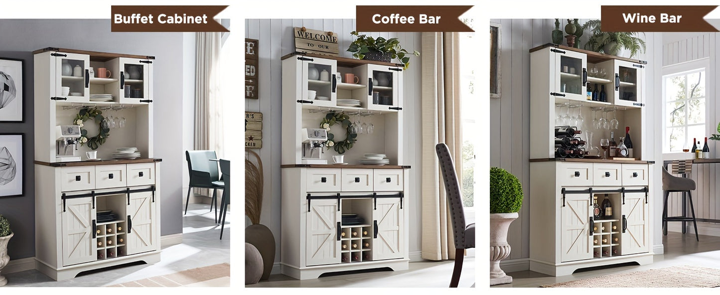72" Farmhosue Bar Cabinet With Sliding Barn Door, Large Kitchen Buffet With Hutch W/Wine & Glasses Rack, 3 Drawers, 12 Storage Shelves, Rustic Coffee Bar Sideboard Table