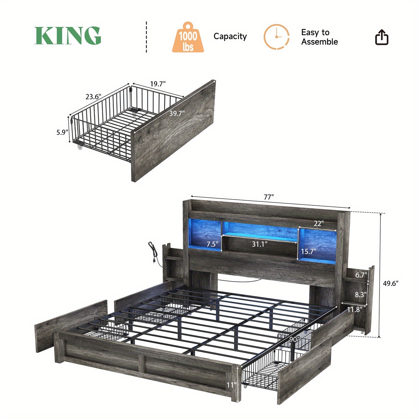 PAPABABE Bed Frame Featuring a 49.6-Inch Bookcase Headboard, Four Drawers, And Two Removable Storage Racks - a Farmhouse-Style Wooden Bed Frame Equipped with RGB LED Lights And a Charging Station, No Box Spring Required.