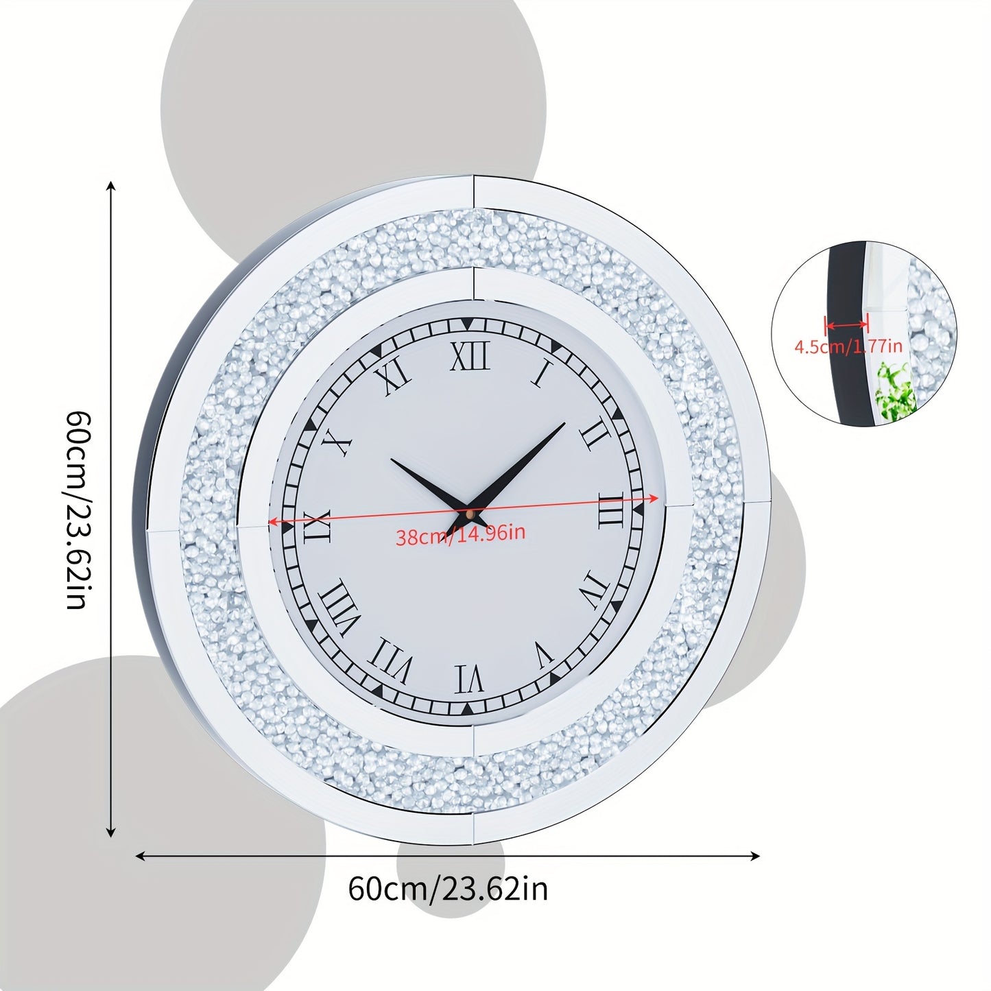 Decorative Wall Clock Round Mirror Clock with Crystal Crushed Diamond Mirrored Sparkle Bling Wall Clock for Glam Room Living Room, Bedroom Decor