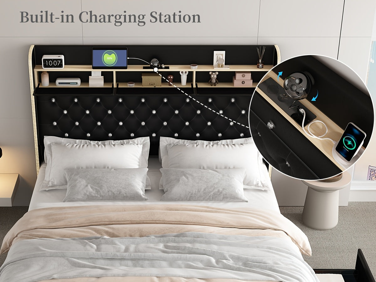 Queen Led Bed Frame With Galaxy Aurora Star Projector, Full Size Platform Bed With 2 Removable Storage Drawers, 52" Crystal Button Tufted Upholstered Headboard King Bed With Charging Station, Noise Free, No Box Spring Needed,