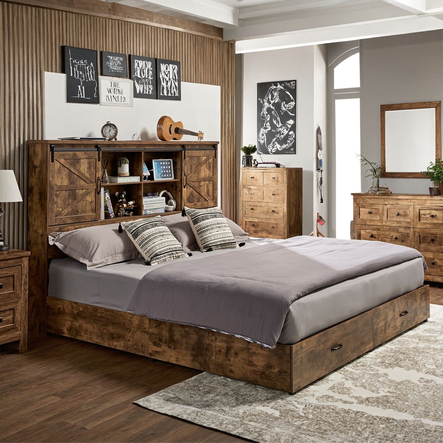 Farmhouse-Style Wooden Platform Bed Frame Boasting a 51.2" Bookcase Headboard, Integrated Storage with a Sliding Barn Door Charging Station and 2 Drawers - No Box Spring Required, Totally Noise-Free