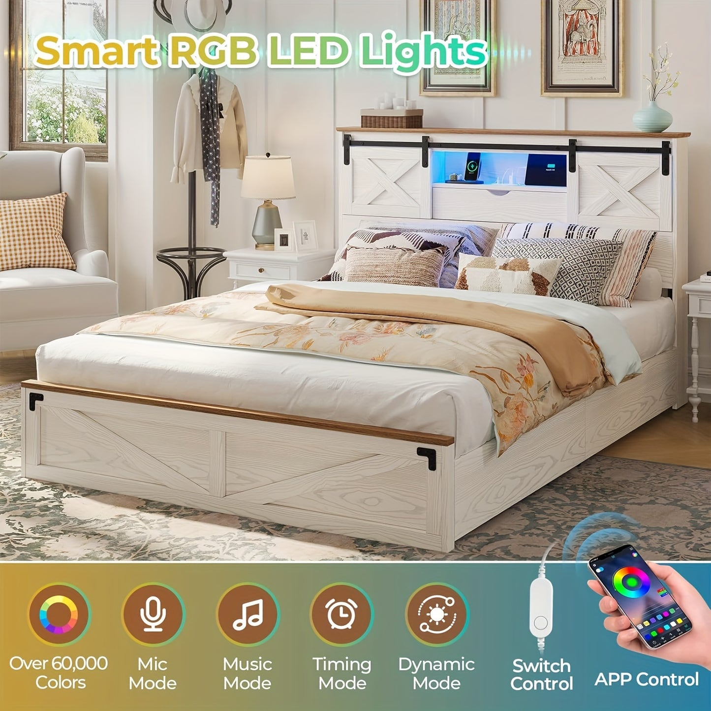 Farmhouse Metal Bed Frame with LED Lights & Charging Station, Queen Size Platform Bed with Storage Shelves & 2 Drawers, Walnut White