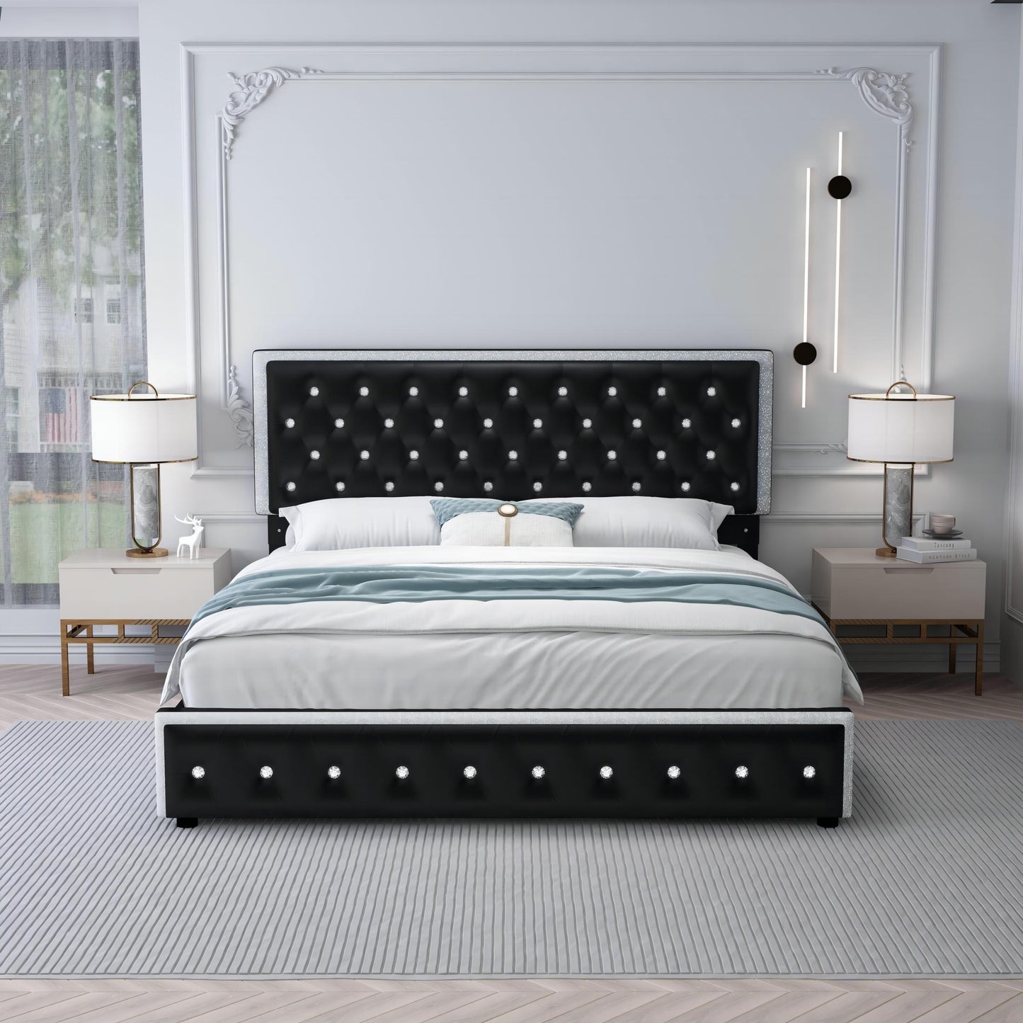 Sibeds Queen Size Upholstered LED Bed Frame With Storage Drawers, King Size Platform Storage Full Bed With Crystal Button Tufted Headboard And Solid Slats Support, Noise Free, No Box Spring Needed, PU Luxury Beds Girls Men's