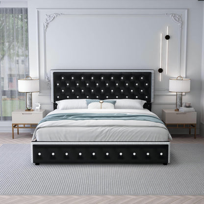 Sibeds Queen Size Upholstered LED Bed Frame With Storage Drawers, King Size Platform Storage Full Bed With Crystal Button Tufted Headboard And Solid Slats Support, Noise Free, No Box Spring Needed, PU Luxury Beds Girls Men's