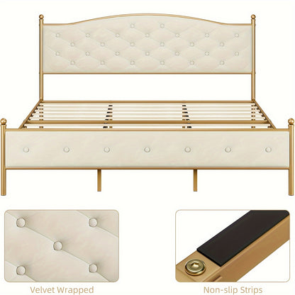 Full, Queen, King, White, Blue, Green, Senfot Bed Frame, Velvet Upholstered Platform Bed With Button Tufted Headboard, Heavy Duty Mattress Foundation With Solid Wood Slats Support, No Box Spring Needed