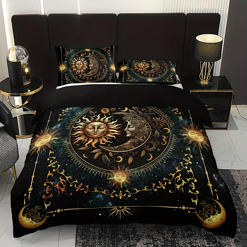 3pcs Bedding Set - Elegant & Golden Sun/Moon/Planets Print Duvet Cover with 2 Pillowcases, All-Season Luxury Bedspread for Queen/King Size Beds, Machine Washable Polyester Bedding For Home & Dorm Decor