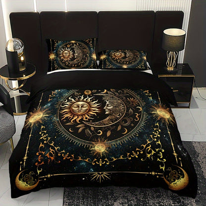 3pcs Bedding Set - Elegant & Golden Sun/Moon/Planets Print Duvet Cover with 2 Pillowcases, All-Season Luxury Bedspread for Queen/King Size Beds, Machine Washable Polyester Bedding For Home & Dorm Decor