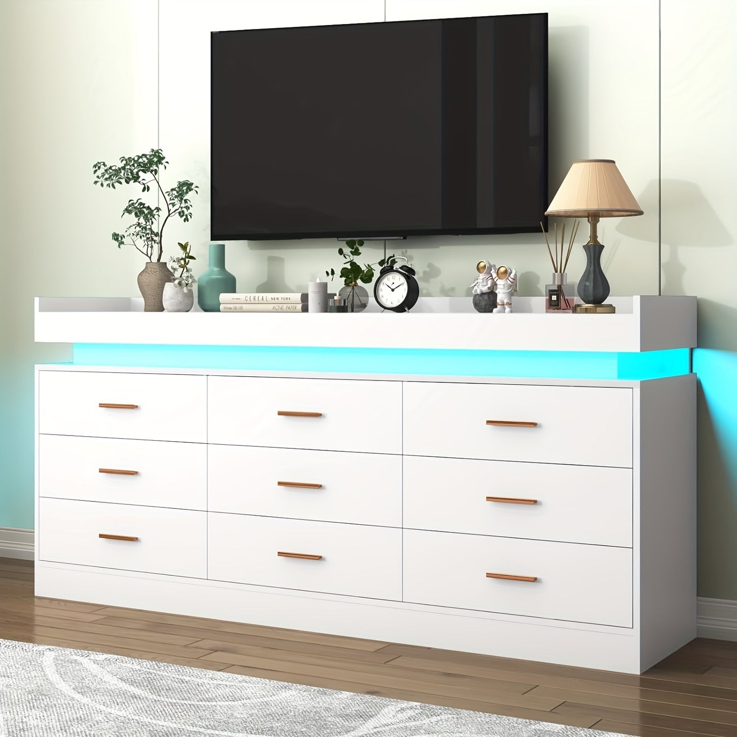 9 Drawer Dresser With LED Light, Modern Chest Of Drawers For Closet, Wide Drawer Organizer Cabinet For Bedroom, Living Room, Entryway, Hallway (9 Drawer White) Black