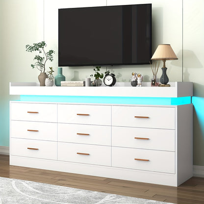 9 Drawer Dresser With LED Light, Modern Chest Of Drawers For Closet, Wide Drawer Organizer Cabinet For Bedroom, Living Room, Entryway, Hallway (9 Drawer White) Black