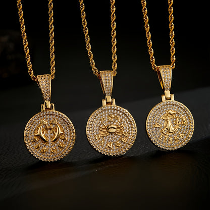 12 Zodiac Coins Necklace - 14K Gold Plated Golden Plated Hip-Hop Astrology Pendant with Synthetic Synthetic Zirconia Stones, 24in 304 Stainless Steel Chain, Unisex Jewelry Gift for Women & Men (Birthdays, Mother’s Day, Fath
