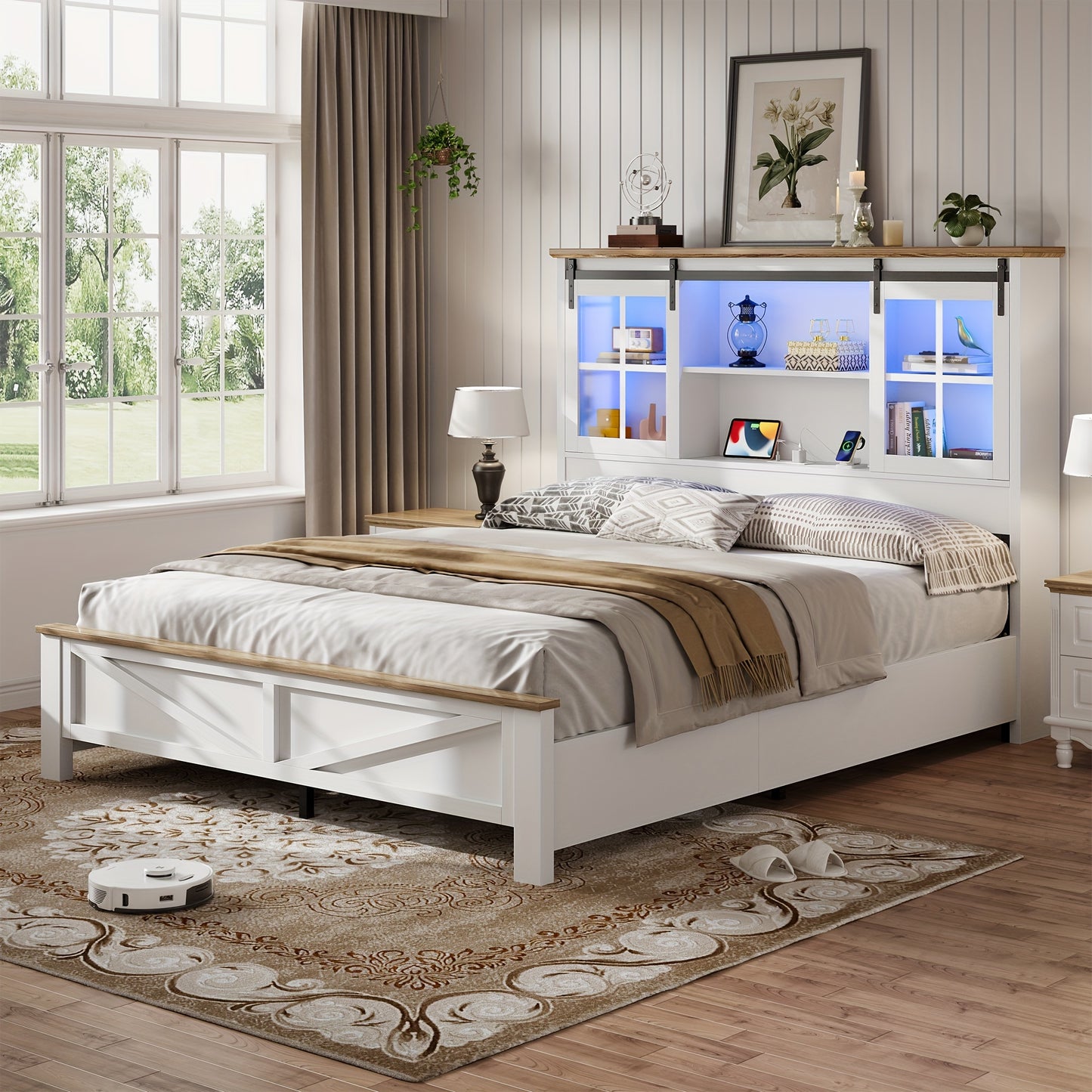 Farmhouse Queen Size Bed Frame with Bookcase Headboard Platform Bed Frames with LED Lights & Charging Station, Queen Storage Bed with Sliding Barn Door, Noiseless, White
