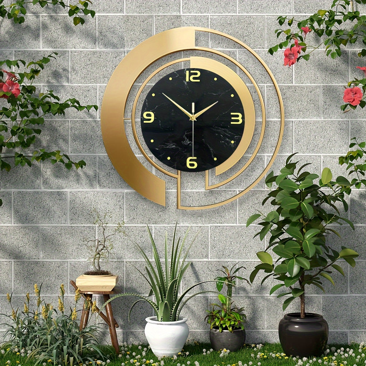 1pc Golden Metal Design Large Wall Clock, Silent Movement European-Style, 24 Inches Rustic Garden Decor, Fashionable Creative Timepiece For Outdoor & Indoor Use