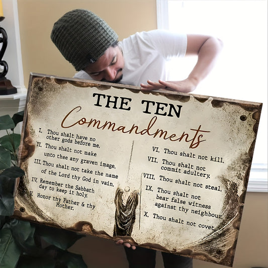 1pc Decorative Patterns On Office Supplies Retro Canvas Walls Jesus Painting Wooden Background The Ten Commandments Wall Art Canvas Motivational Wall Decor - Ready to Hang