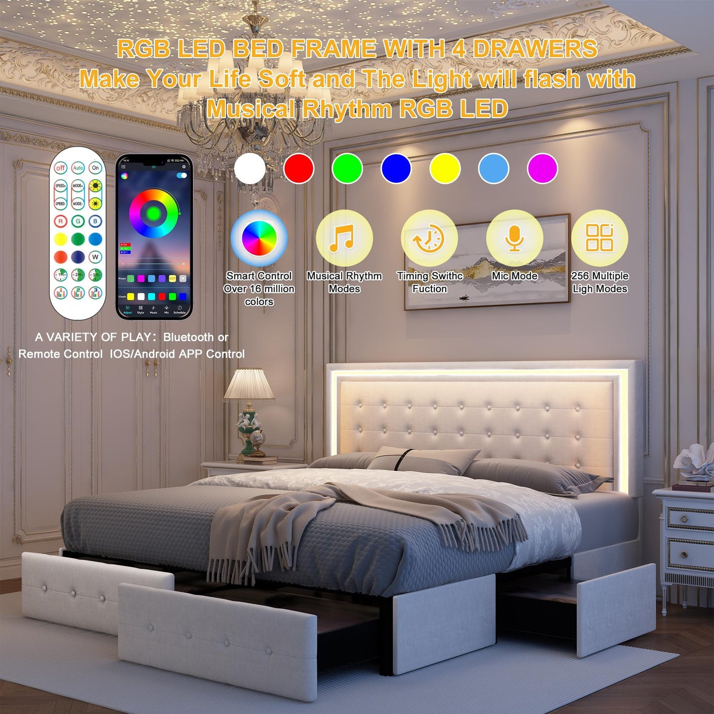 LED Queen Bed Frame - 4 Drawers & Adjustable Headboard