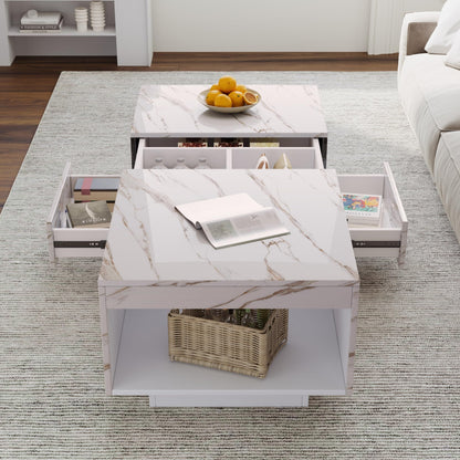 LED Coffee Table, 43" UV High Gloss Modern Center Table With 2 Drawers & Hidden Storage Compartment & Open Compartments, Modern Extendable Cocktail Table (Marble Black Or White)