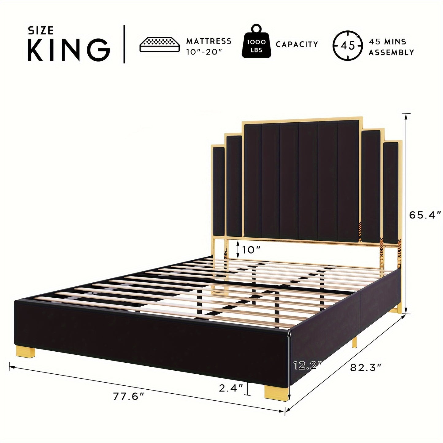Papajet Golden Trimmed Upholstered Bed Frame with 61-Inch Headboard - Modern Platform Style