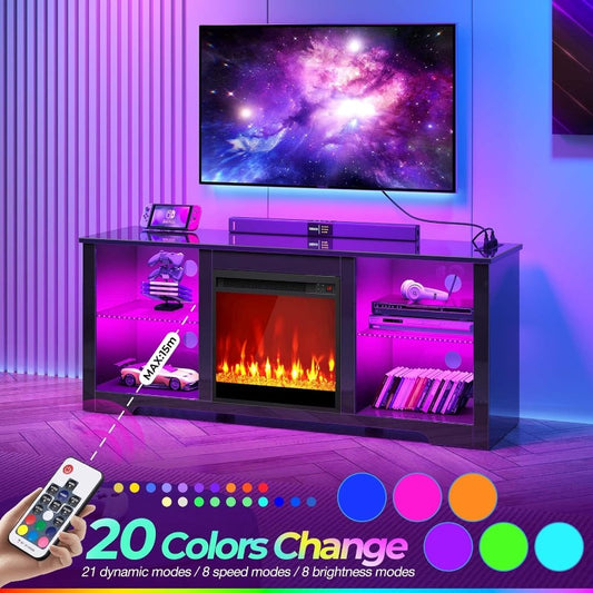 Fireplace TV Stand with Led Lights and Power Outlets, TV Stand for 45 50 55 60 65 inch TVs, Entertainment Center with Electric Fireplace, Modern TV Console with Glass Shelves