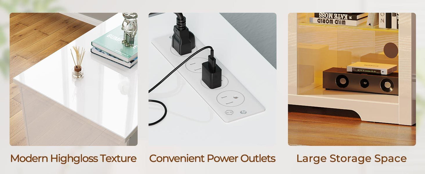 Fireplace TV Stand with Led Lights and Power Outlets, TV Stand for 45 50 55 60 65 inch TVs, Entertainment Center with Electric Fireplace, Modern TV Console with Glass Shelves