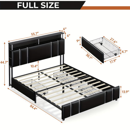 Full LED Bed Frame with Power Outlets and 4 Drawers, Upholstered Platform Bed with Open Shelves and Hidden Storage, Black