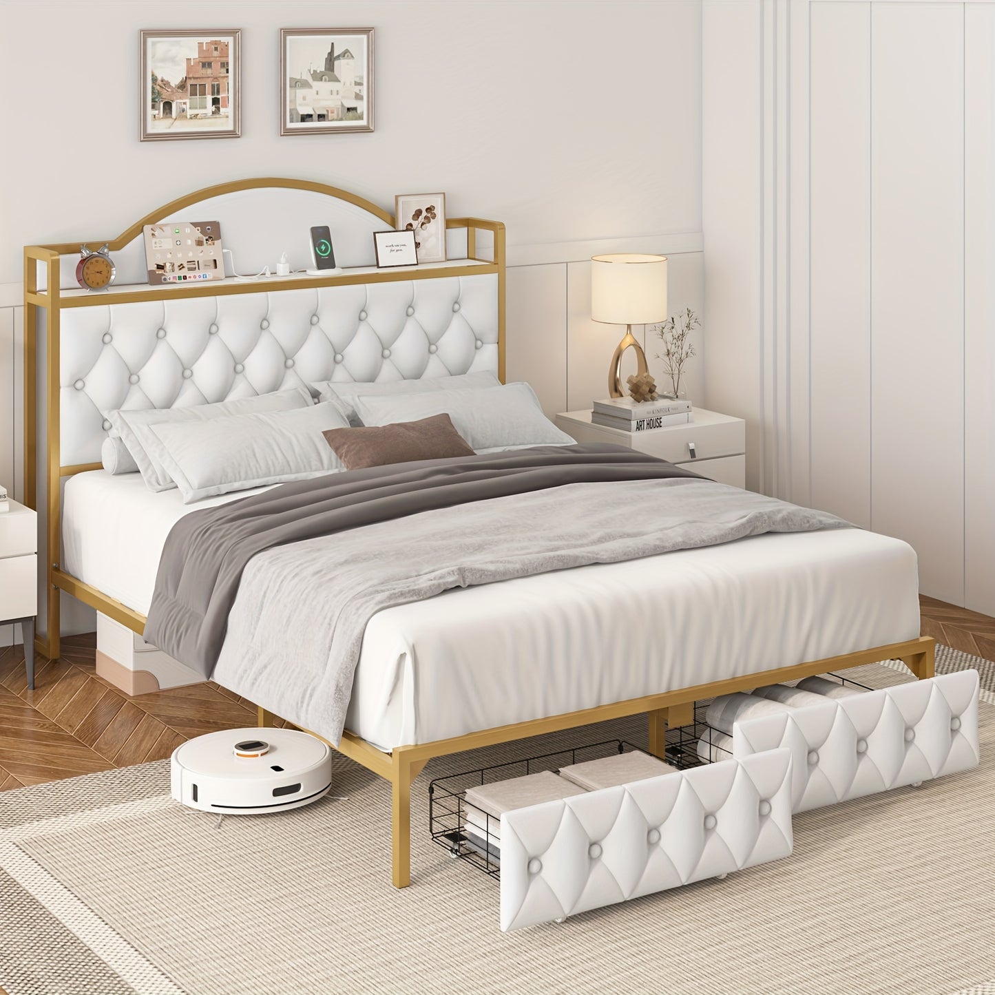 FULTRU Full/Queen/King Size Bed Frame with Storage Headboard, Platform Bed Frame with Storage Headboard, Large Storage Drawers & Charging Station, No Box Spring Needed, Noise Free (White-PU, Cream-Velvet)