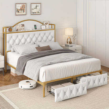 FULTRU Full/Queen/King Size Bed Frame with Storage Headboard, Platform Bed Frame with Storage Headboard, Large Storage Drawers & Charging Station, No Box Spring Needed, Noise Free (White-PU, Cream-Velvet)
