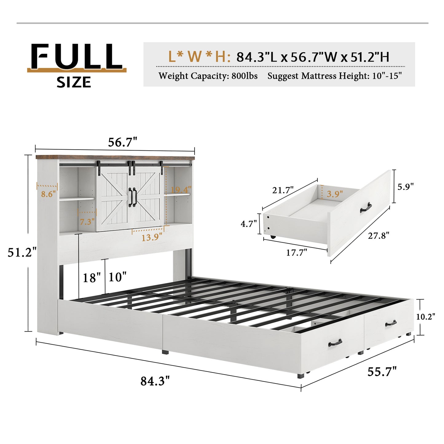 Farmhouse-Style Wooden Platform Bed Frame Boasting a 51.2" Bookcase Headboard, Integrated Storage with a Sliding Barn Door Charging Station and 2 Drawers - No Box Spring Required, Totally Noise-Free