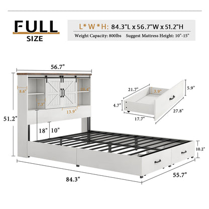Farmhouse-Style Wooden Platform Bed Frame Boasting a 51.2" Bookcase Headboard, Integrated Storage with a Sliding Barn Door Charging Station and 2 Drawers - No Box Spring Required, Totally Noise-Free