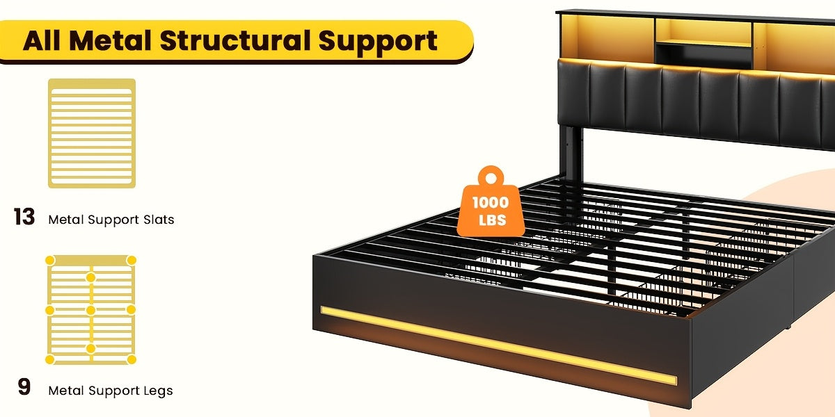 MSmask Queen Size LED Bed Frame with Storage Headboard, 4 Drawers & Bookcase - Contemporary Metal Design, RGB Lighting, Built-in Charging Station, Ideal for Modern Bedrooms