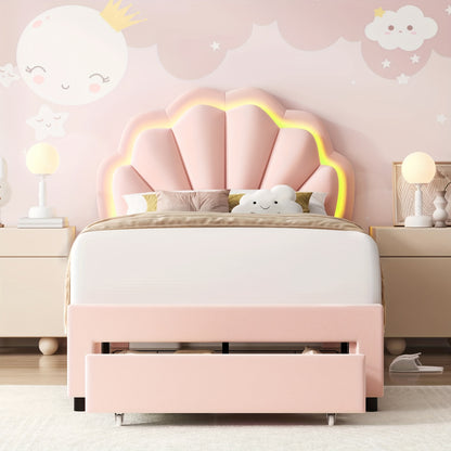 FULTRU LED Bed Frame With Large Storage Drawer, Velvet Upholstered Platform Bed With Adjustable Floral Headboard