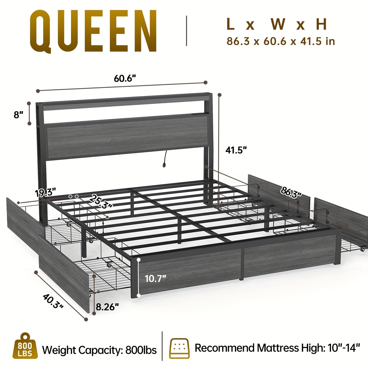 Bed Frame Available in Full, Queen, And King Sizes Featuring LED Lights And a Charging Station. This Metal Platform Bed Includes a Two-Tier Wooden Storage Headboard And Four Storage Drawers. It Operates Quietly, Does Not Requ