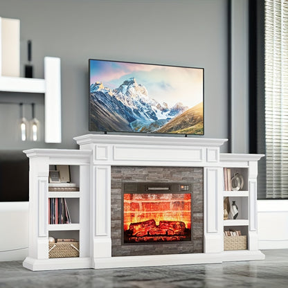 72" Electric Fireplace With Mantel, Fireplace TV Stand For 80" TV, Modern Entertainment Center With Storage, Wood Surround Free Standing Fireplace Heater With Remote Control, Logs, Adjustable Led Flame, For Living Room, Bedro