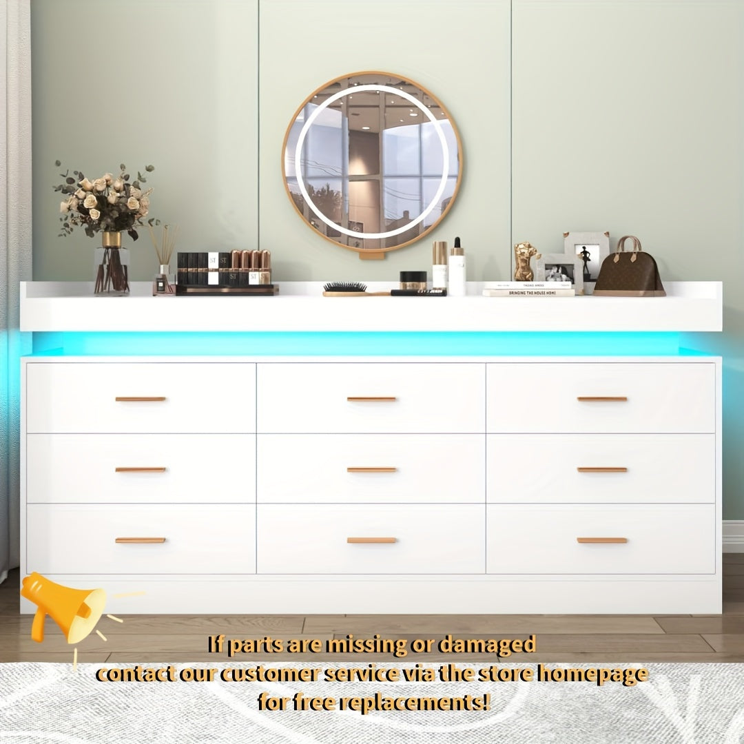 9 Drawer Dresser With LED Light, Modern Chest Of Drawers For Closet, Wide Drawer Organizer Cabinet For Bedroom, Living Room, Entryway, Hallway (9 Drawer White) Black