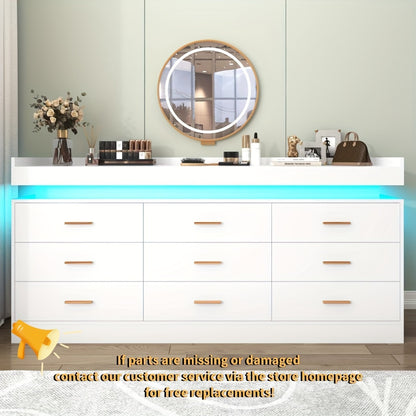 9 Drawer Dresser With LED Light, Modern Chest Of Drawers For Closet, Wide Drawer Organizer Cabinet For Bedroom, Living Room, Entryway, Hallway (9 Drawer White) Black