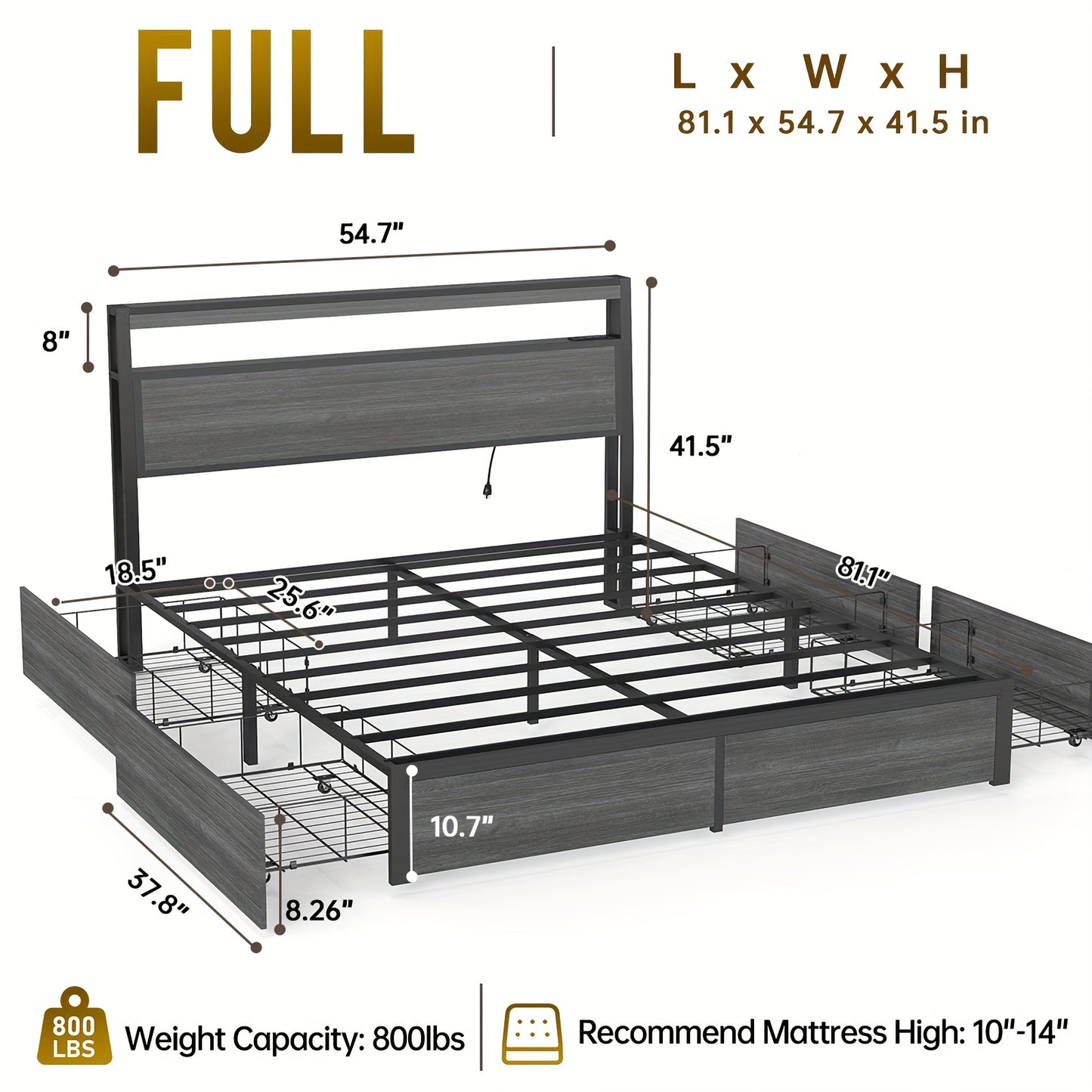 Bed Frame Available in Full, Queen, And King Sizes Featuring LED Lights And a Charging Station. This Metal Platform Bed Includes a Two-Tier Wooden Storage Headboard And Four Storage Drawers. It Operates Quietly, Does Not Requ
