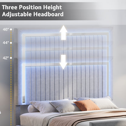 LUXOAK Queen Size LED Platform Bed Frame with Upholstered Design, Includes 4 Storage Drawers, Adjustable Headboard with Vertical Channels, No Box Spring Needed