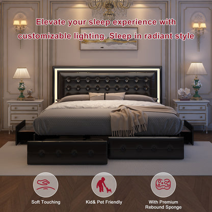 LED Queen Bed Frame - 4 Drawers & Adjustable Headboard