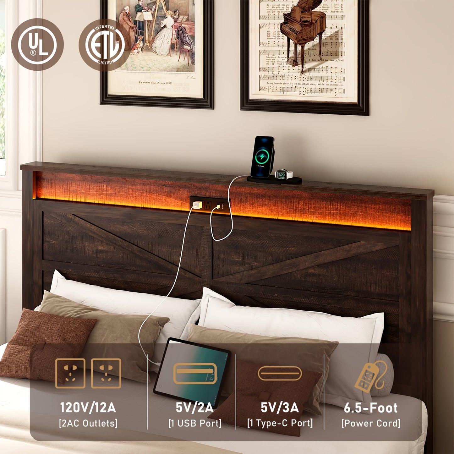 Farmhouse Queen Bed Frame - LED Lights & Charging Station