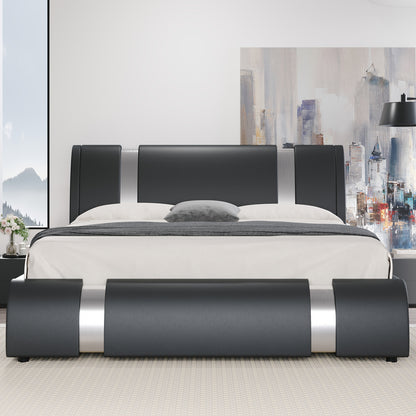 HOOMIC Modern Faux Leather Bed Frame With Iron Pieces Decor, Low Profile Platform Bed With Height-Adjustable Headboard, Solid Wood Slat Support, No Box Spring Needed