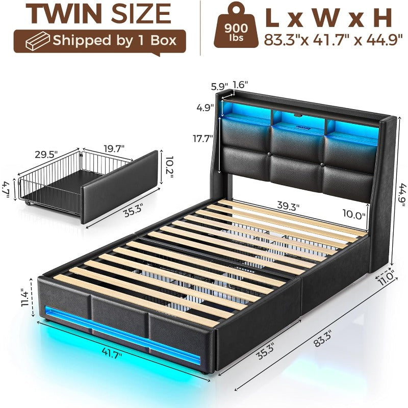 Twin Full Queen Bed Frame with LED Lighting, Built-in Charging Station, have RemotePU Leather/neutral-toned linen fabric Storage Headboard & Drawers,Heavy Duty Wood Slats, Quick & Easy Assembly - Perfect for Bedroom Furniture