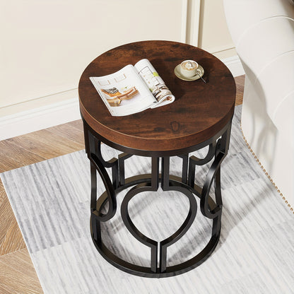 LITTLE TREE Round End Table, Industrial SideTable with Metal Hollow Frame, Small Bedside Table Nightstand for Living Room, Bedroom, Easy Assembly (Rustic Brown)