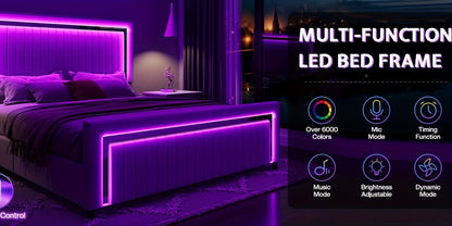 LUXOAK Queen Size LED Platform Bed Frame with Upholstered Design, Includes 4 Storage Drawers, Adjustable Headboard with Vertical Channels, No Box Spring Needed