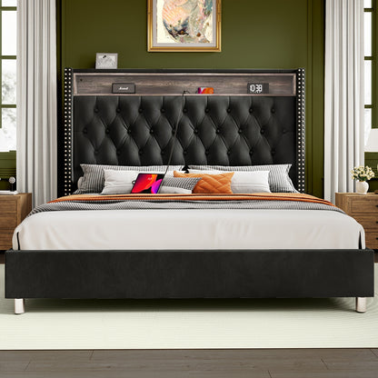PaPaJet LED Bed Frame with Charging Ports Velvet Upholstered Bed Frame with Button Tufting Headbord