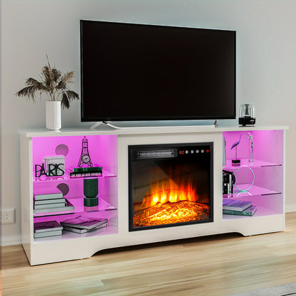 Fireplace TV Stand With 18''Fireplace, Modern Entertainment Center For TVs Up To 65 Inch, Media TV Console With Adjustable Glass Shelves And Storage Cabinets, Farmhouse TV Stand For Living Room